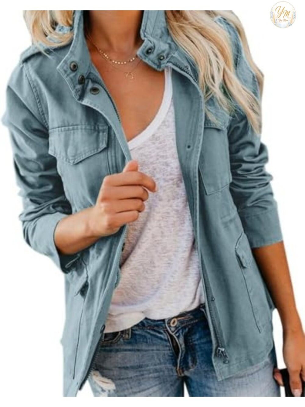Women's Military Anorak Jacket Zip Up Snap Buttons Cotton Utility Coat Pockets